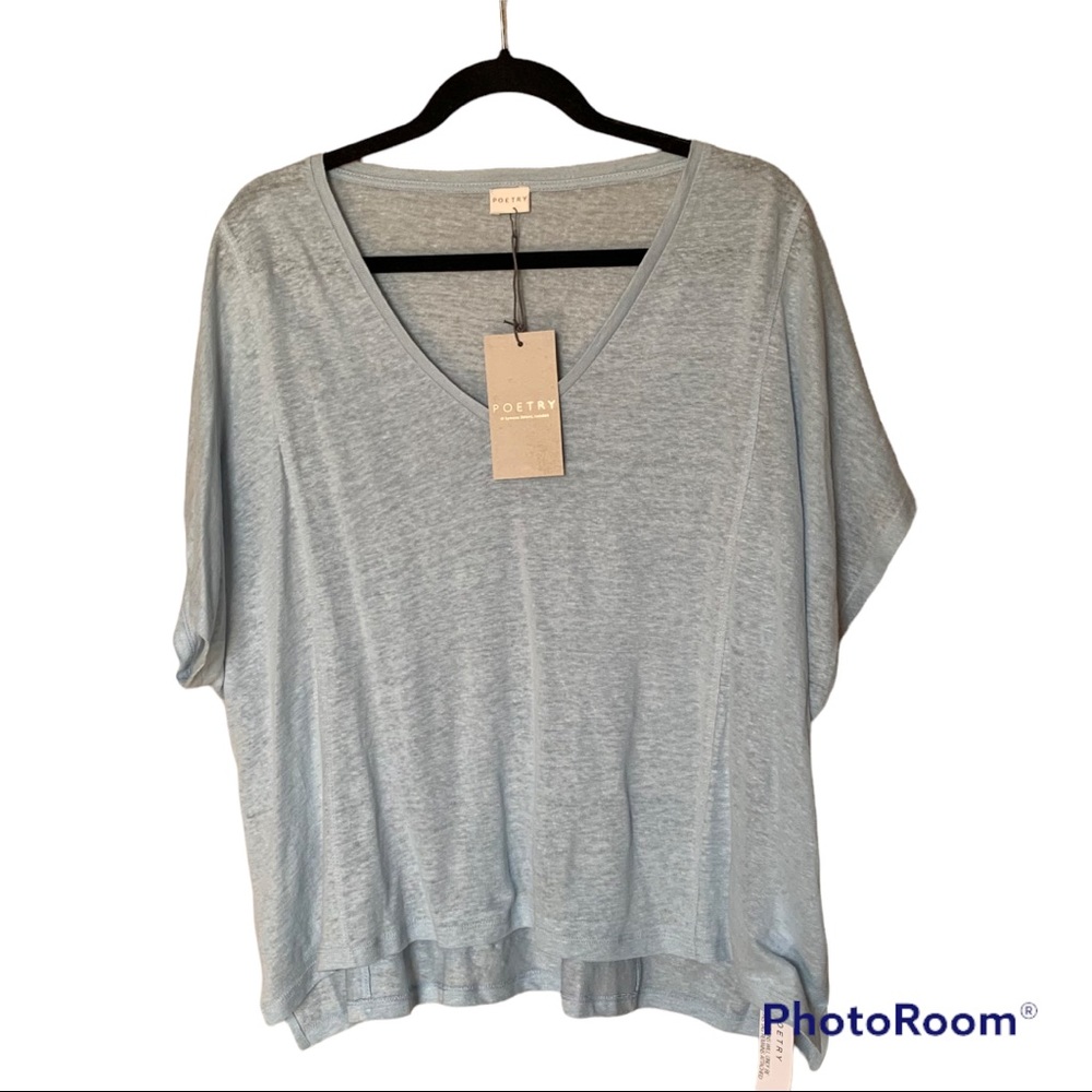 Poetry Soft Aqua V-Neck Short Sleeve 100% Linen Shirt - Size 18 NWT